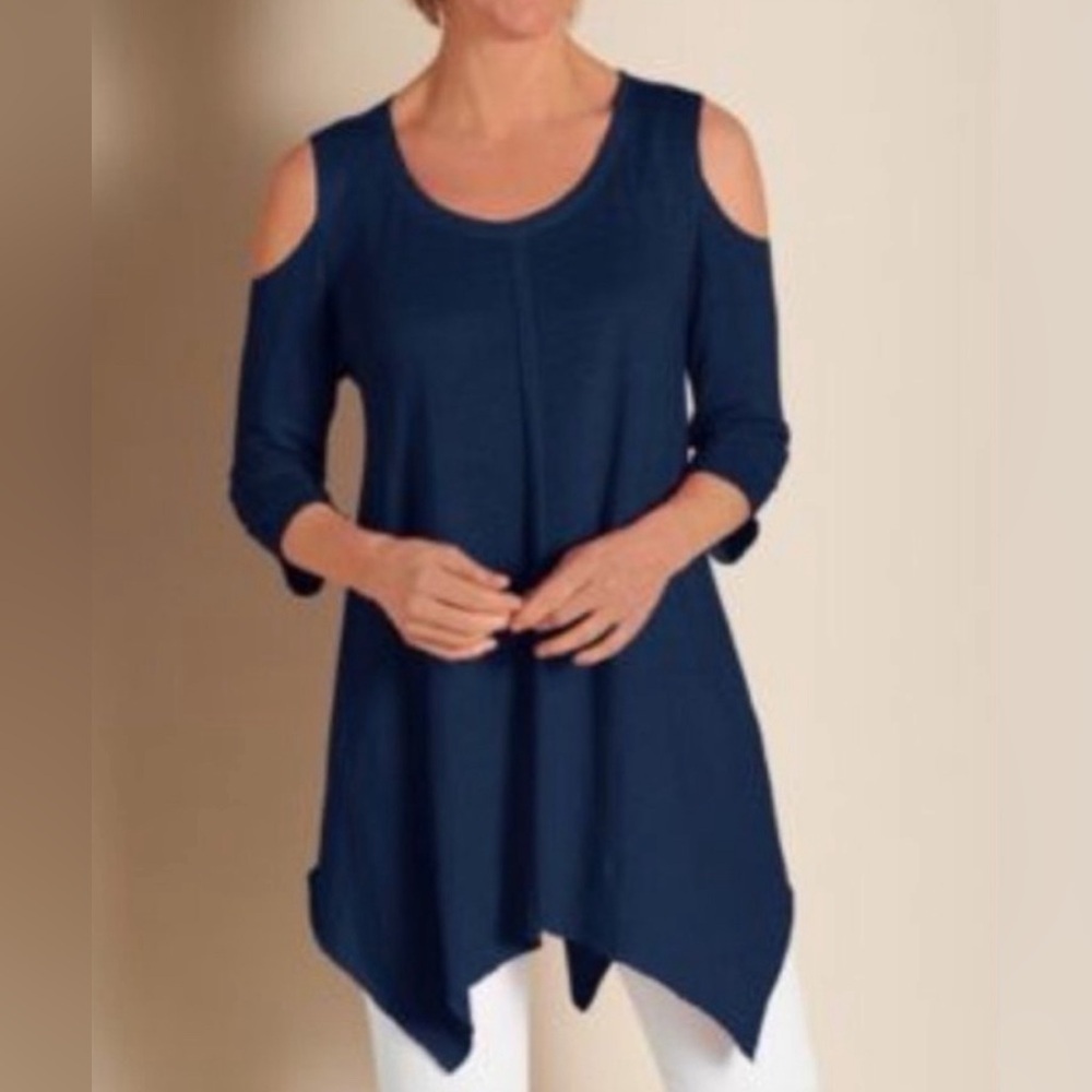 Soft Surroundings Cold Shoulder Linen Semi Sheer Tunic Blouse Handkerchief Hem M